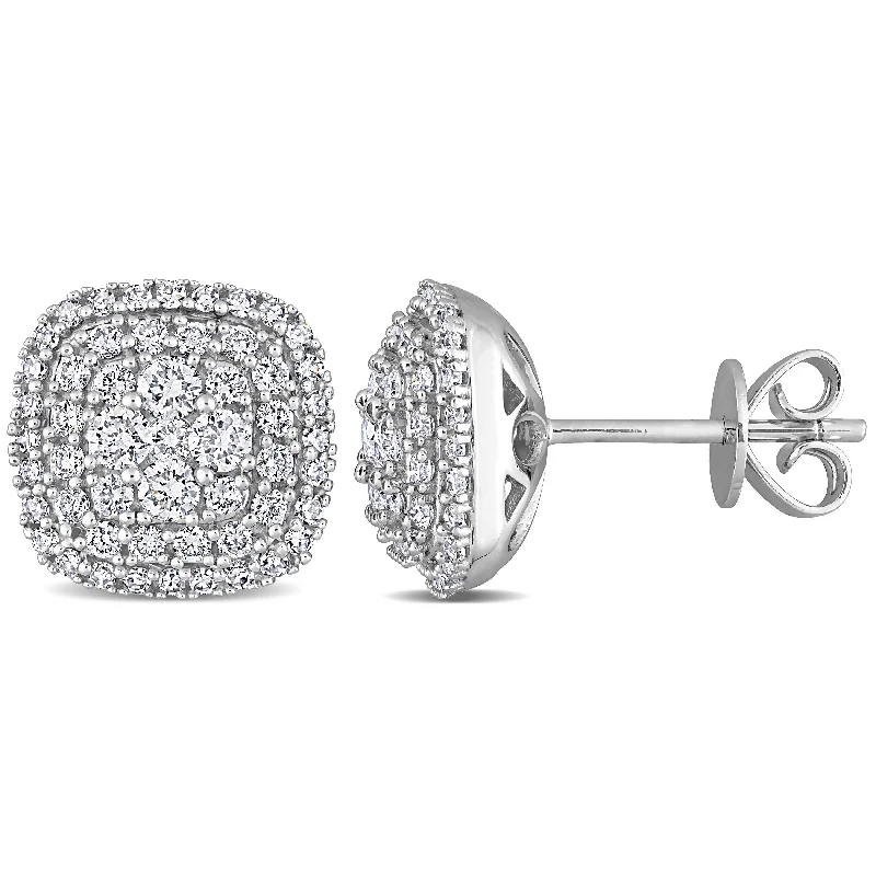 Miadora 14k White Gold 7/8ct TDW Diamond Square Halo Cluster Stud Earrings