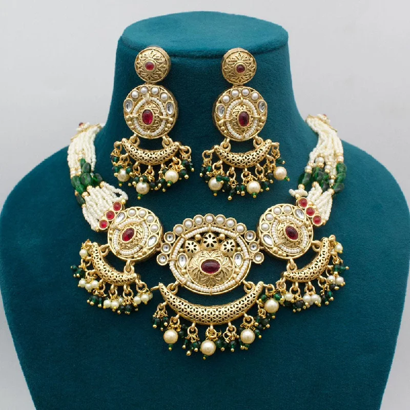 JCM Gold Plated Pota Stone And Pearls Necklace Set