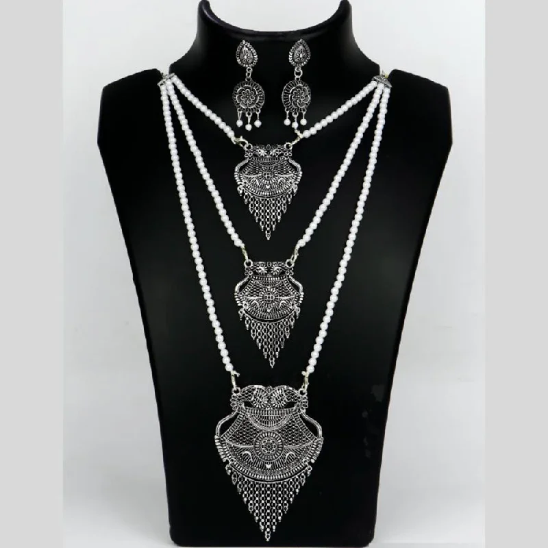 Mahavir Oxidised Plated Long Pearls Necklace Set