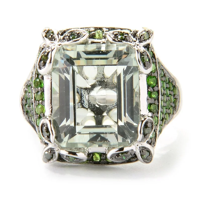 Sterling Silver Emerald Cut 7.11ctw Green Amethyst/ Chrome Diopside/ Diamond Ring