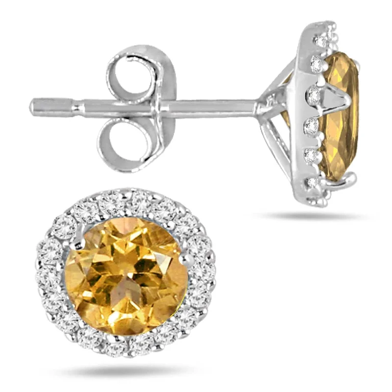 Marquee Citrine and Diamond Stud Earrings in 14K White Gold