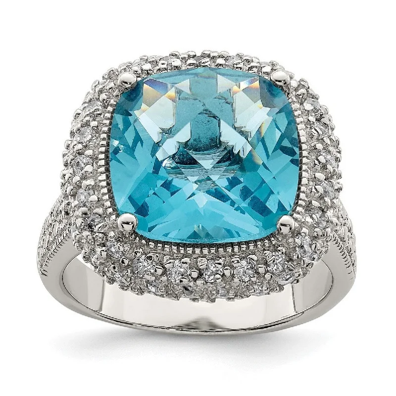 Curata 925 Sterling Silver Polished Open back Blue CZ Cubic Zirconia Simulated Diamond Ring