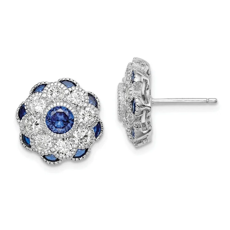 Curata 925 Sterling Silver Rh Plated Cubic Zirconia and Simulated Blue Spinel Flower Post Earrings - 1