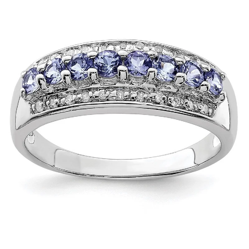 Curata 925 Sterling Silver Polished Fancy cut out back Tanzanite and Diamond Ring