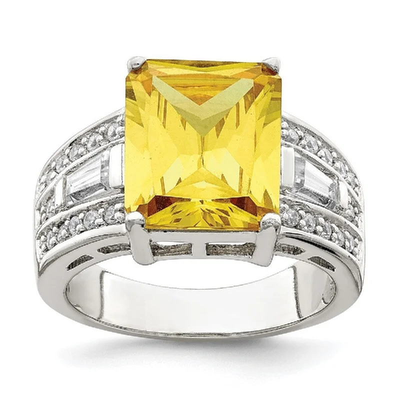 Curata 925 Sterling Silver Polished Open back Yellow and Clear CZ Cubic Zirconia Simulated Diamond Ring