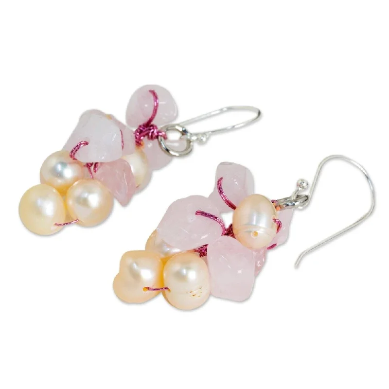 NOVICA Pearl and rose quartz cluster earrings Pink Bouquet