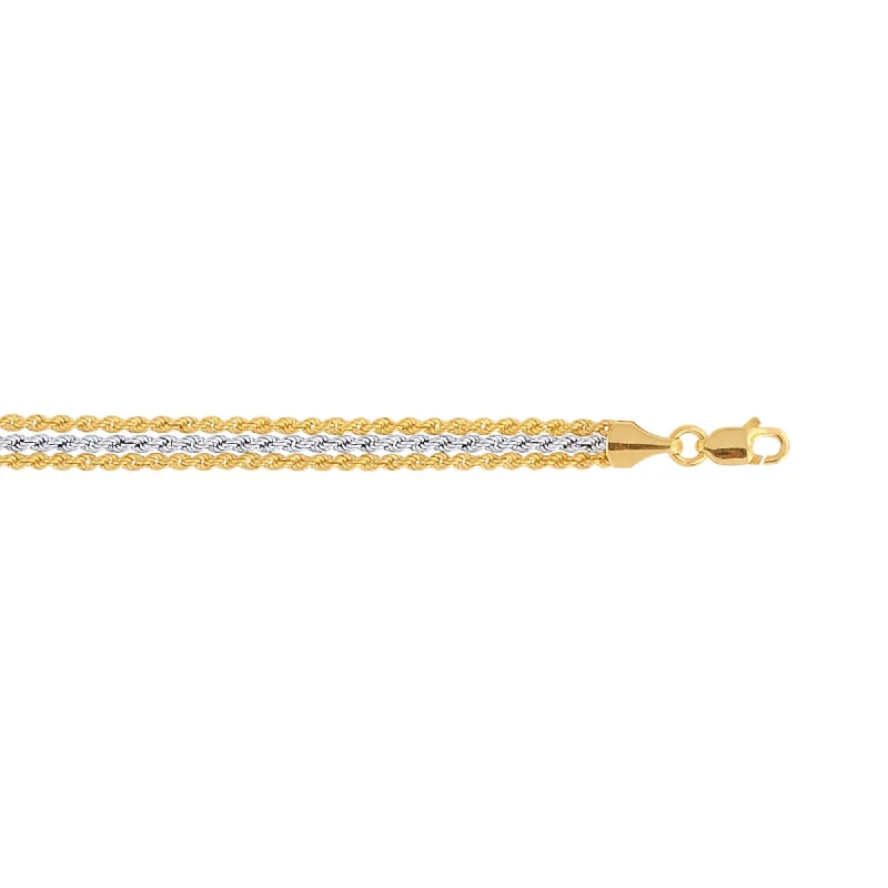 10K 7.25 inches Yellow+White Gold Triple Strand Rope Chain Ladies Fancy Bracelet with Lobster Clasp