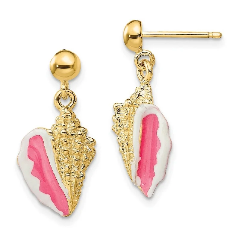 Curata 14k Yellow Gold Enamel Conch Shell Long Drop Dangle Earrings Pink and White