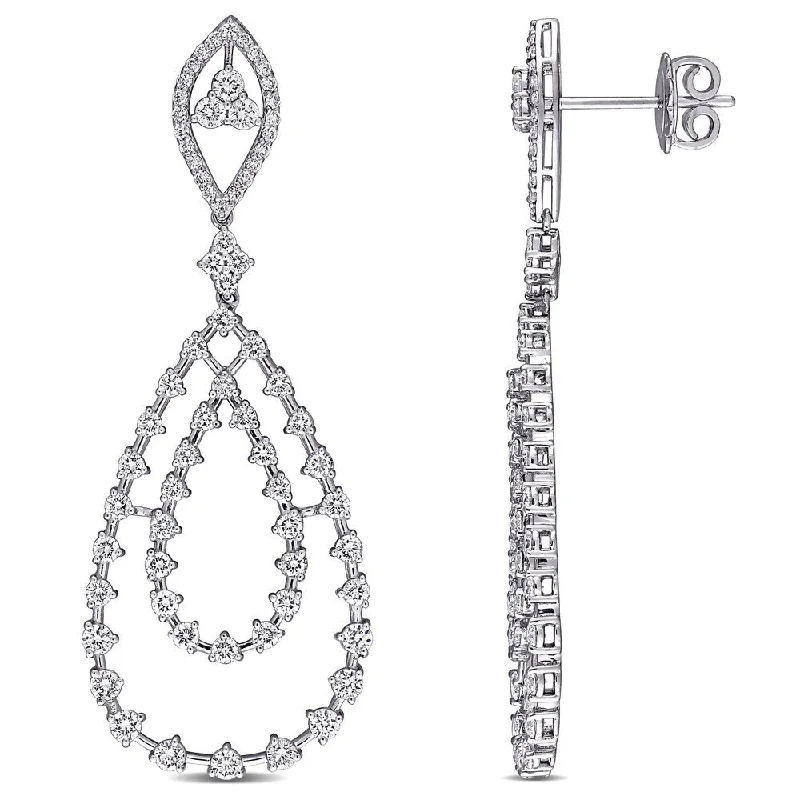 Miadora 14k White Gold 2 3/8ct TDW Diamond Halo Teardrop Dangle Earrings - N/A