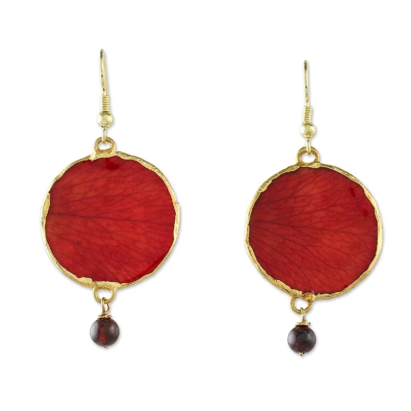 NOVICA Red Rose of Autumn, Garnet and gold-accented natural rose petal dangle earrings - 2.2*1