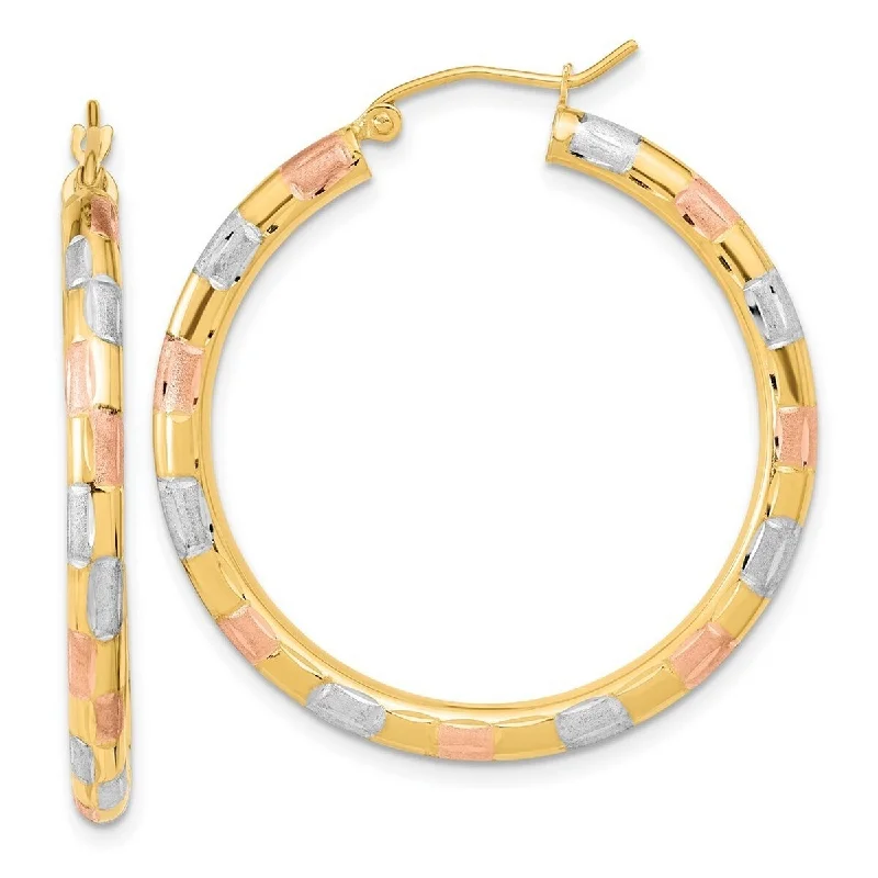 Curata 14k Yellow Gold With White and Rose Rhodium Satin Diamond cut 36x3mm Hoop Earrings