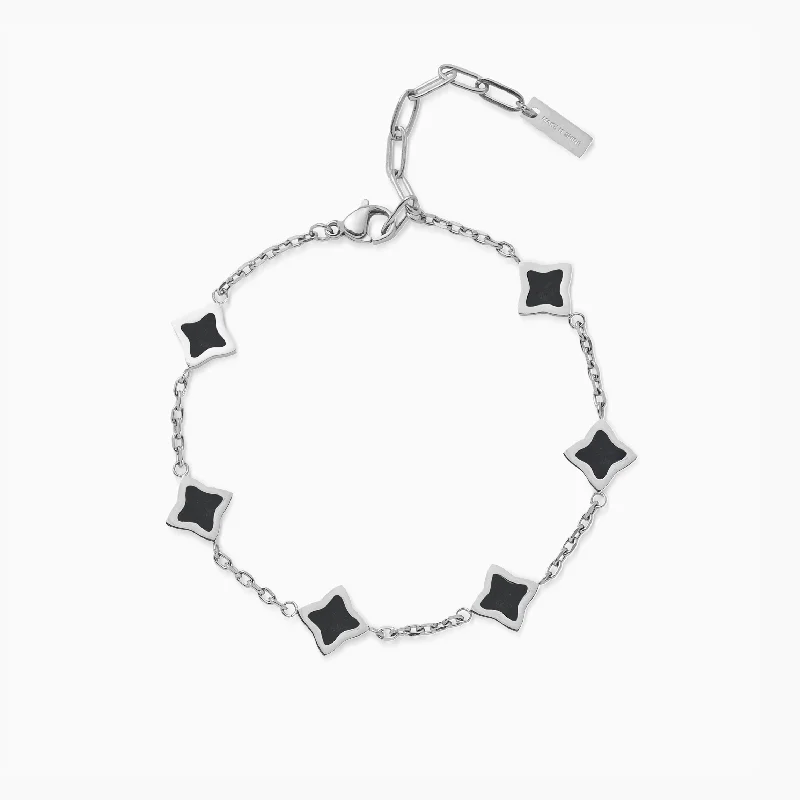 Bracelet Flower câble Argenté - Motif Noir