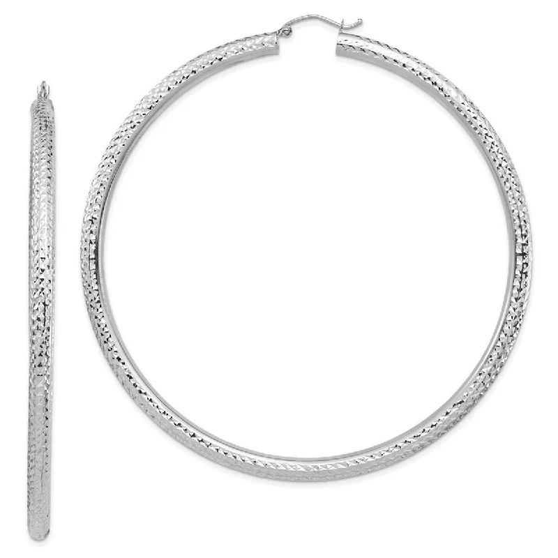 Curata 14k White Gold Lightweight 4mm Sparkle Cut Hoop Earrings - 82.5x80mm Wide 4mm Thick