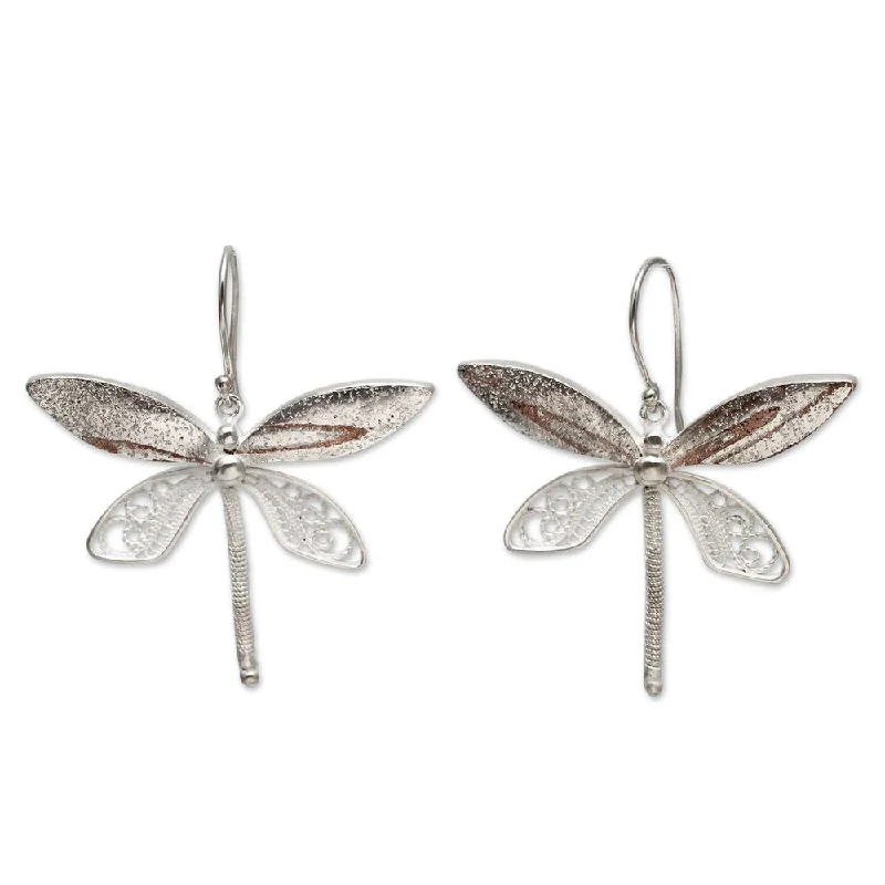 Handmade Sterling Silver 'Poised Dragonflies' Earrings (Peru) - 9' x 12'