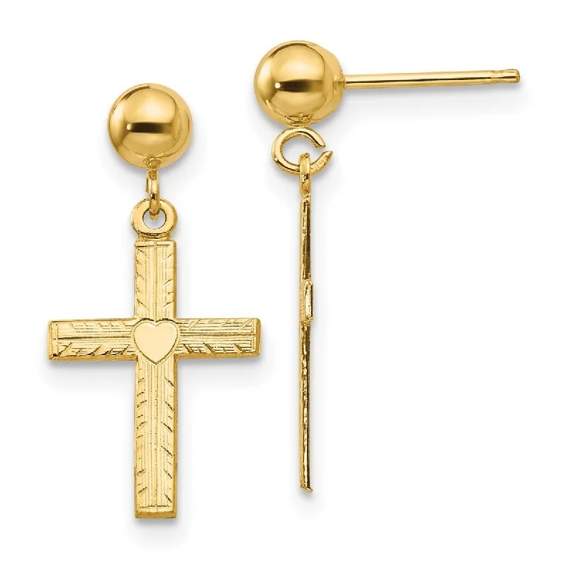 Curata 14k Yellow Gold Religious Satin Cross Heart Center Earrings 20x10mm