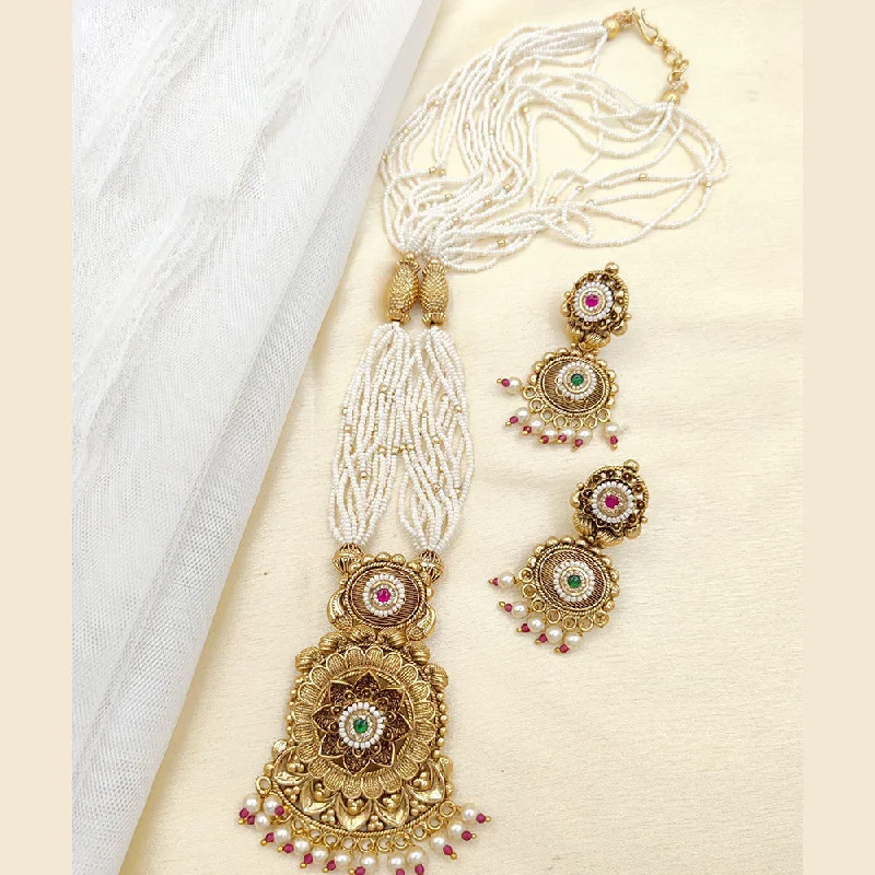 Jewel Addiction Copper Rajwadi Finish Pota Stone And Pearl Long Necklace Set