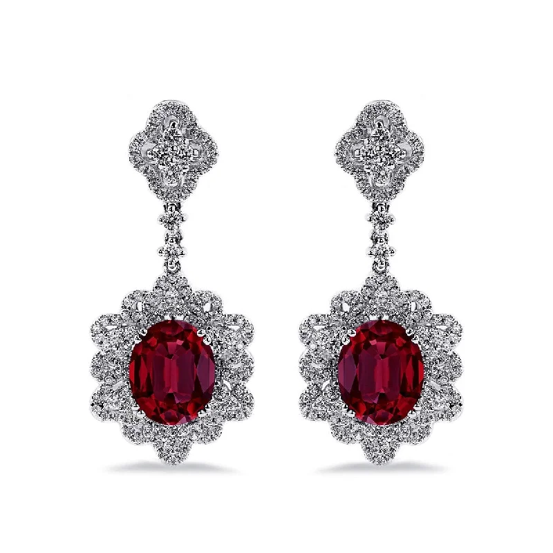 Auriya 5 3/4ct Fancy Oval-cut Red Ruby Halo Diamond Drop Earrings 1 1/4ctw 18k Gold