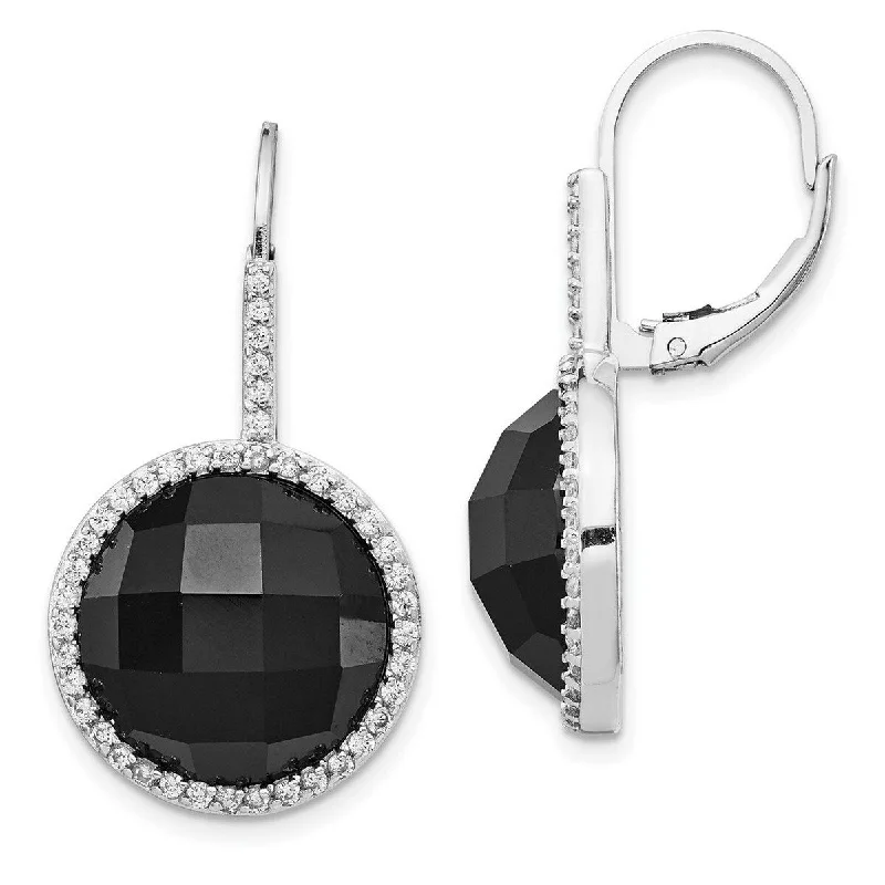 Curata 925 Sterling Silver Leverback Cubic Zirconia and Black Simulated Onyx Checkerboard Cut Long Drop Dangle Earrings -