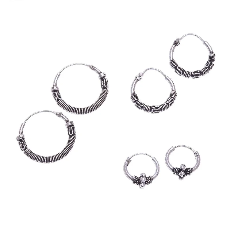 NOVICA Thai Patterns, Sterling silver hoop earrings (set of 3) - 0.8*0.7